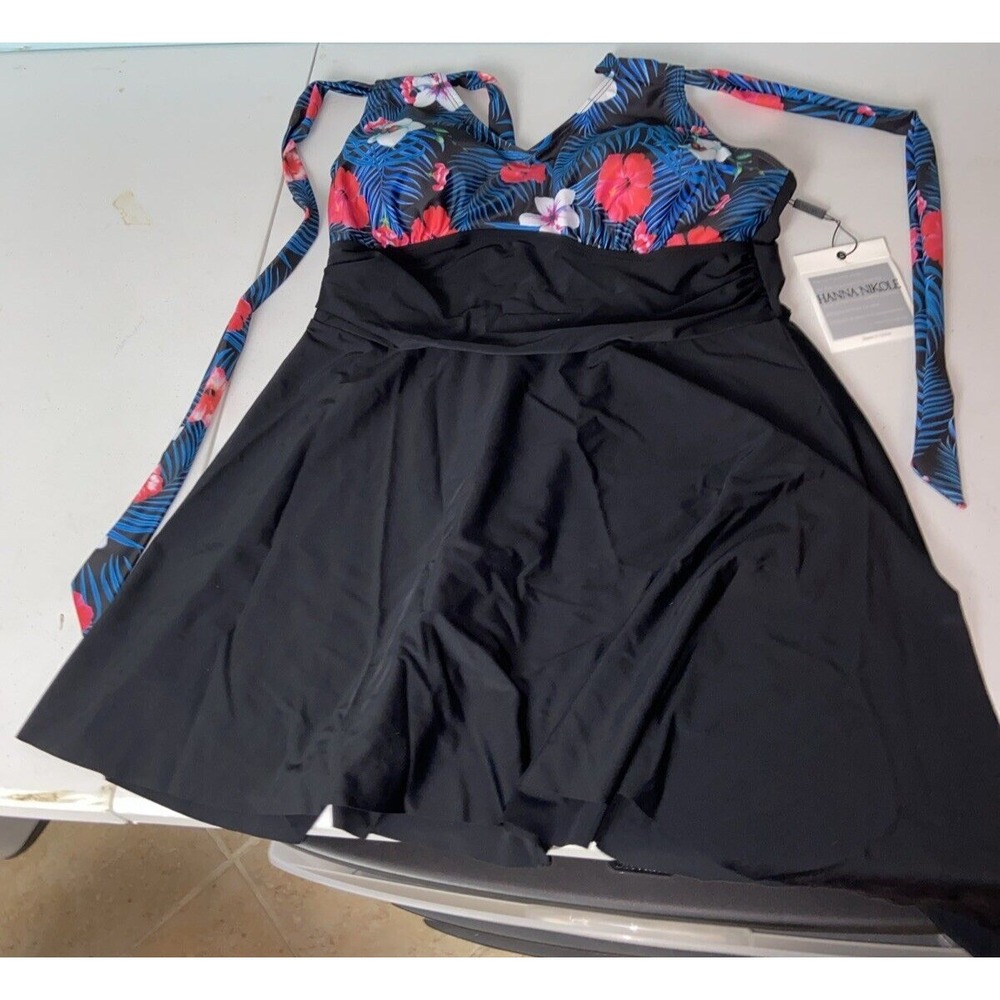 Hanna Nikole Swimsuit Dress 26w Womens Floral Black Swim
